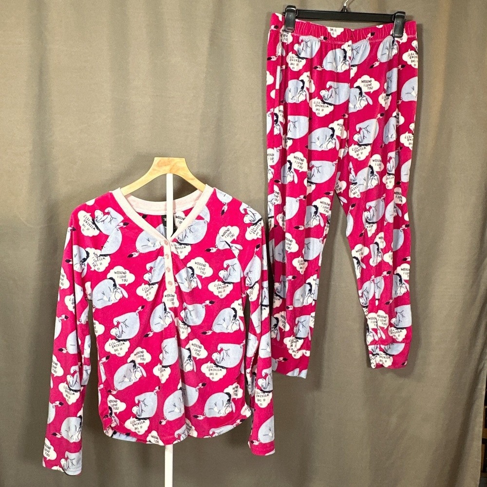 Disney Eeyore Pajama Set Womens M 8-10 Pink Fleece Long Sleeve Top Pants 2 Pc
